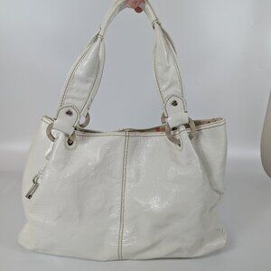 Fossil White Leather Large Slouch Hobo Purse Bag Key Charm EUC
